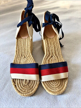 Gucci Web Stripe Ribbon Tie Wedge Espadrille Blue & Red 42